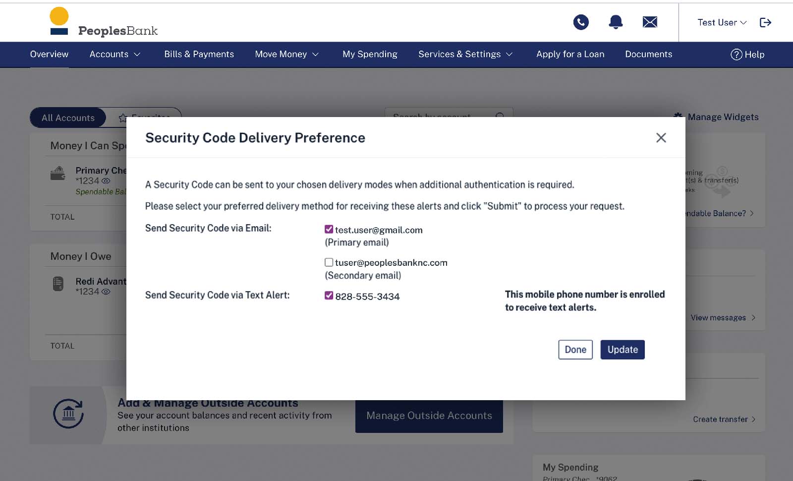 Security Code Delivery Preferences window