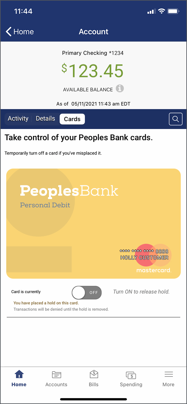 Mobile app with debit card turned off