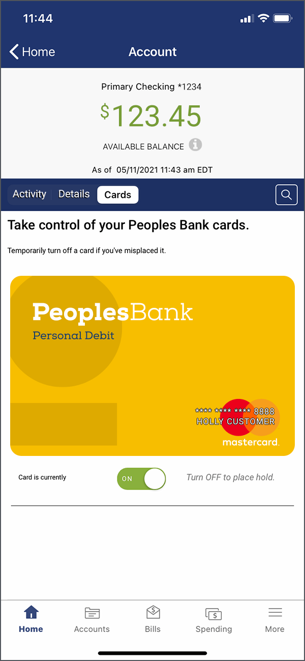 Mobile app debit card turned on