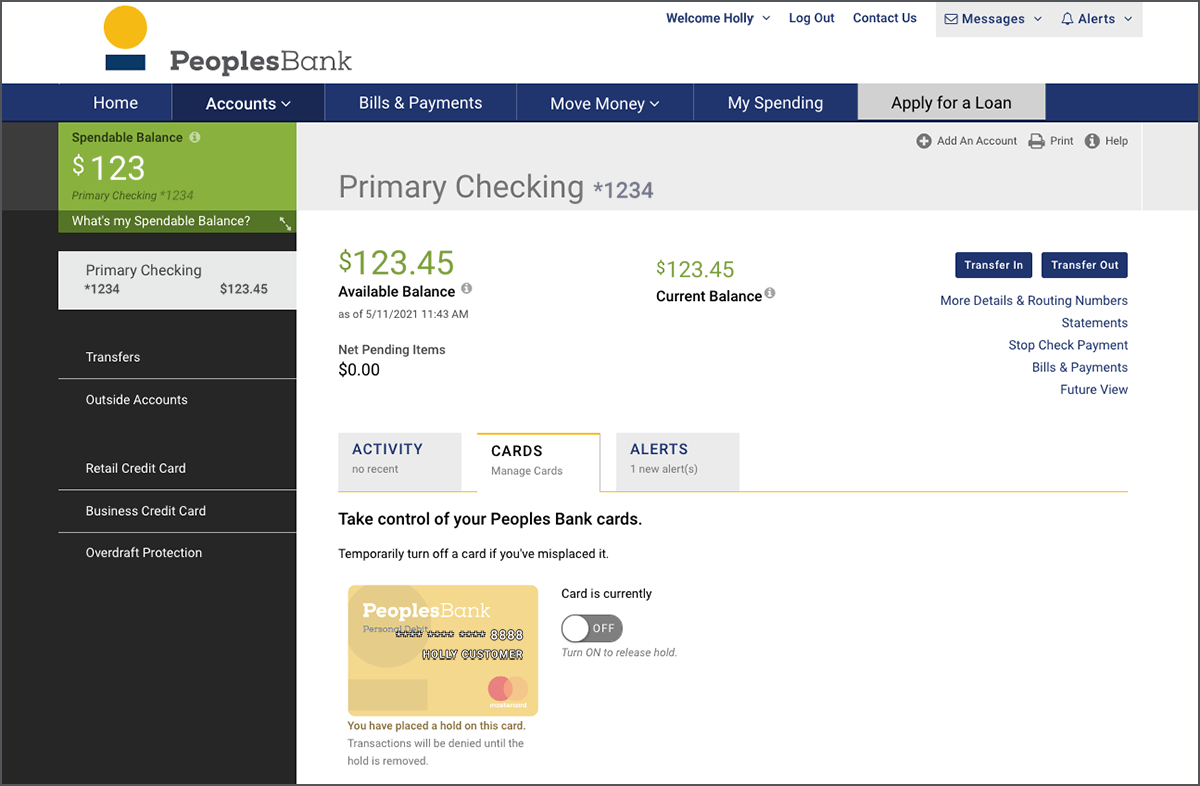 Online banking page with debit card turned off