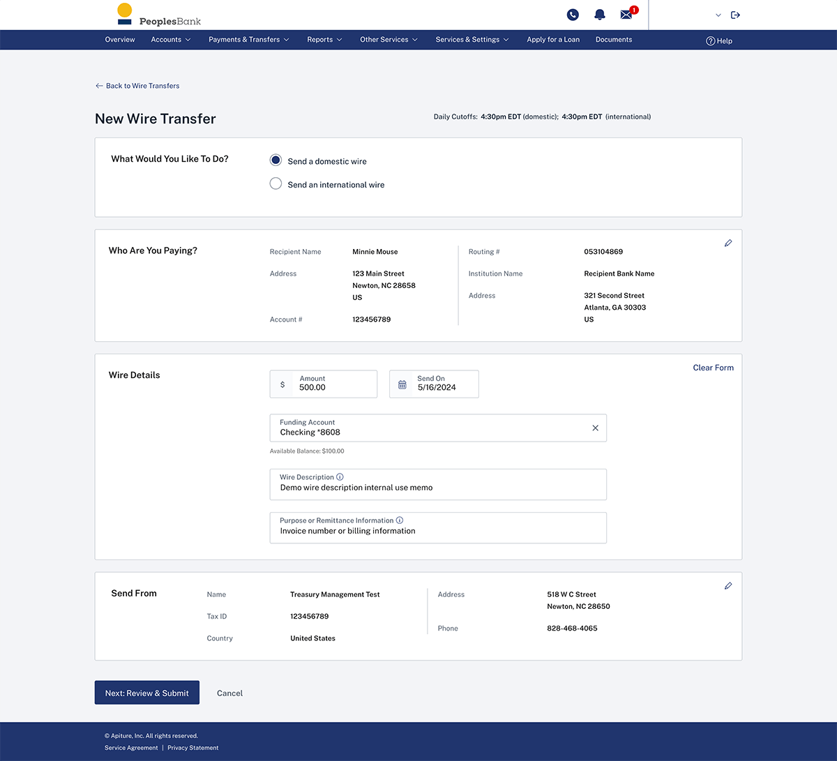 New Wire Transfer creation screen