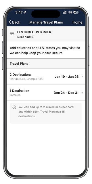 Edit travel plans screen