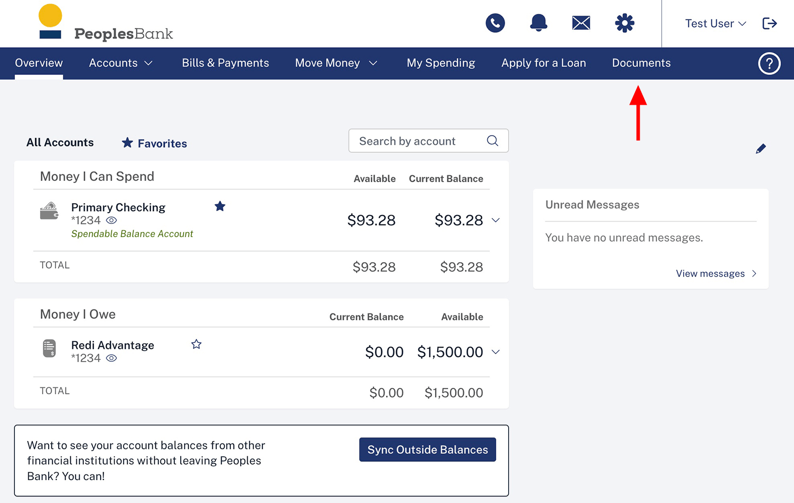 Online banking home screen showing Documents tab in menu bar
